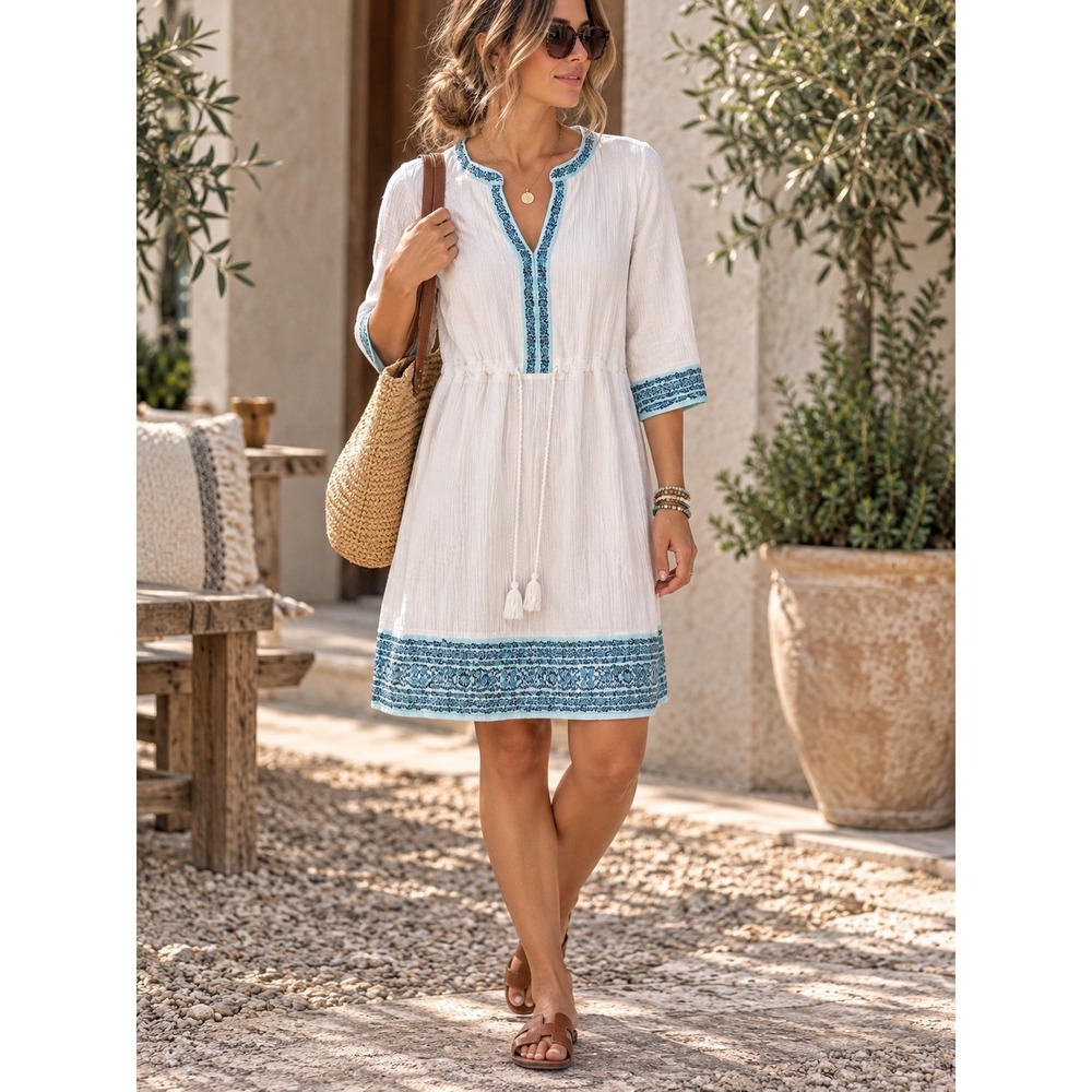 J.Jill Cotton Gauze Tunic L White Blue Embroidered Coastal Boho